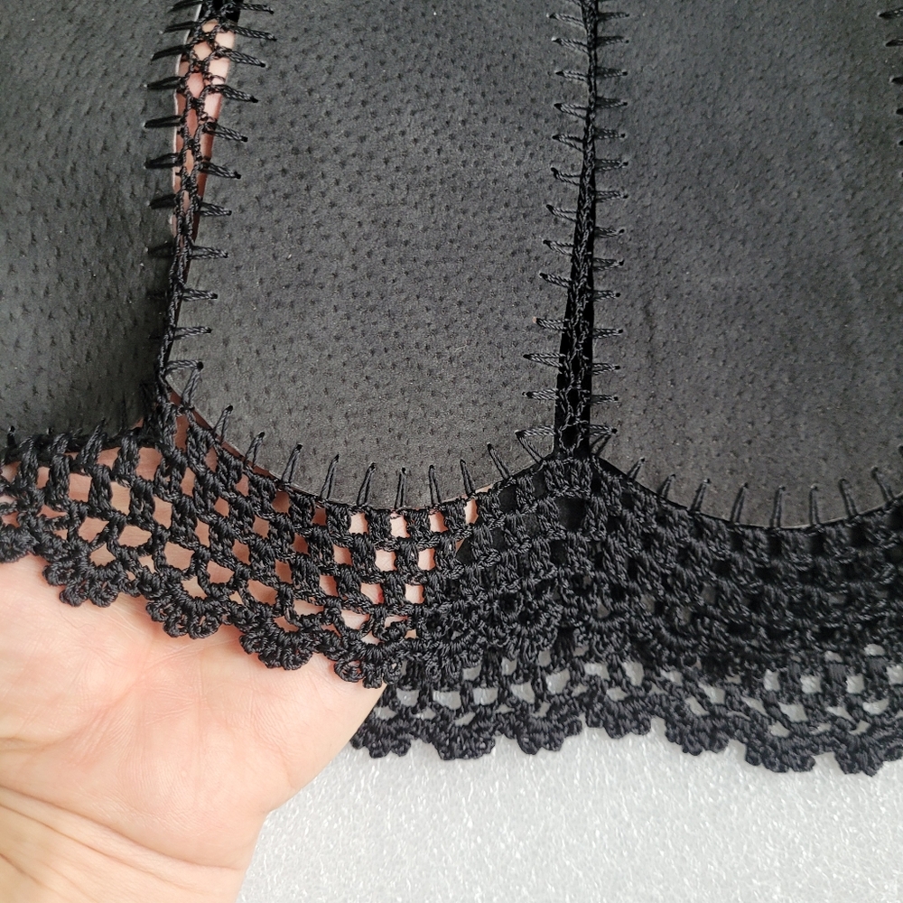 Vintage Suede Patchwork Miniskirt Crochet Lace Trim 70s Boho Black 38 EU Small - Picture 10 of 15